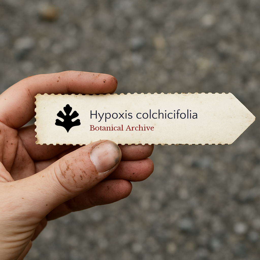Etichetta vegetale stampata per Hypoxis colchicifolia tenuta a mano con sfondo di terra