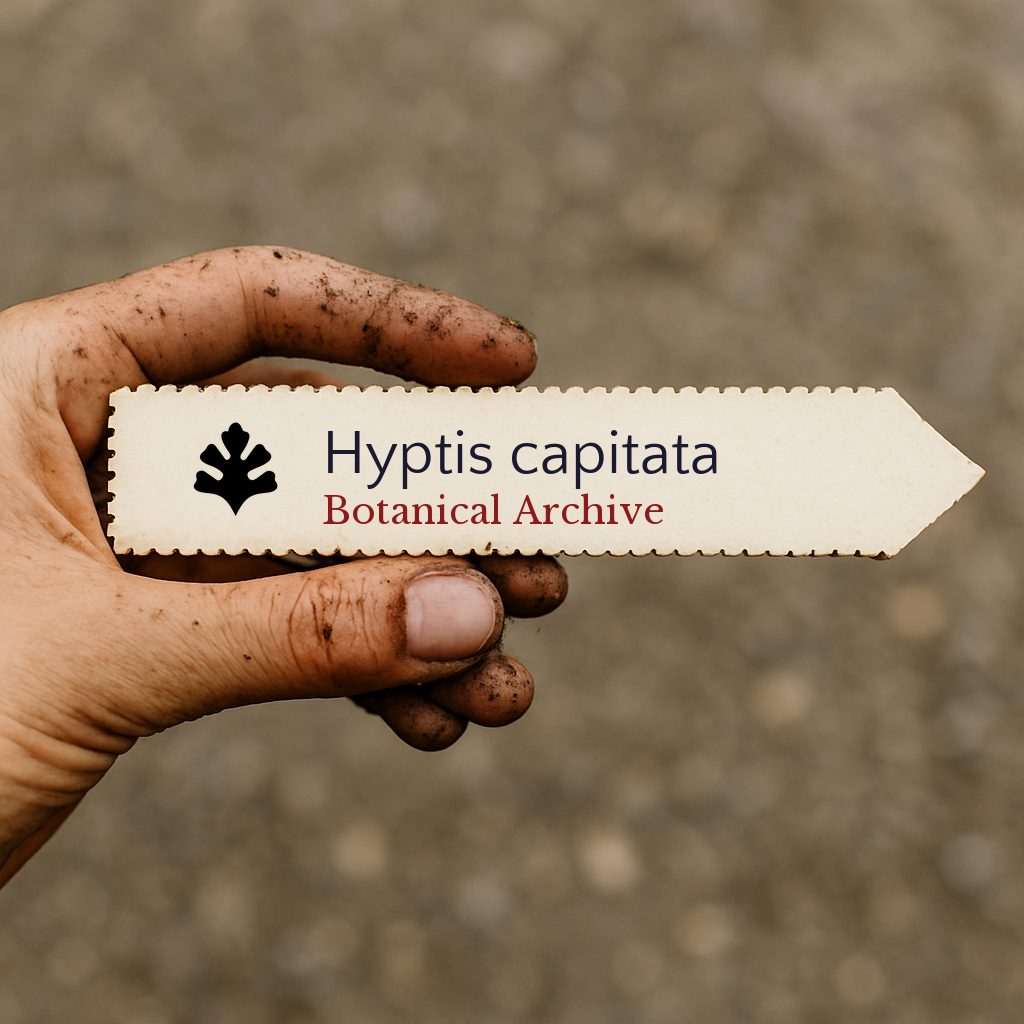Etichetta stampata per pianta di Hyptis capitata tenuta da mano sporca all'aperto