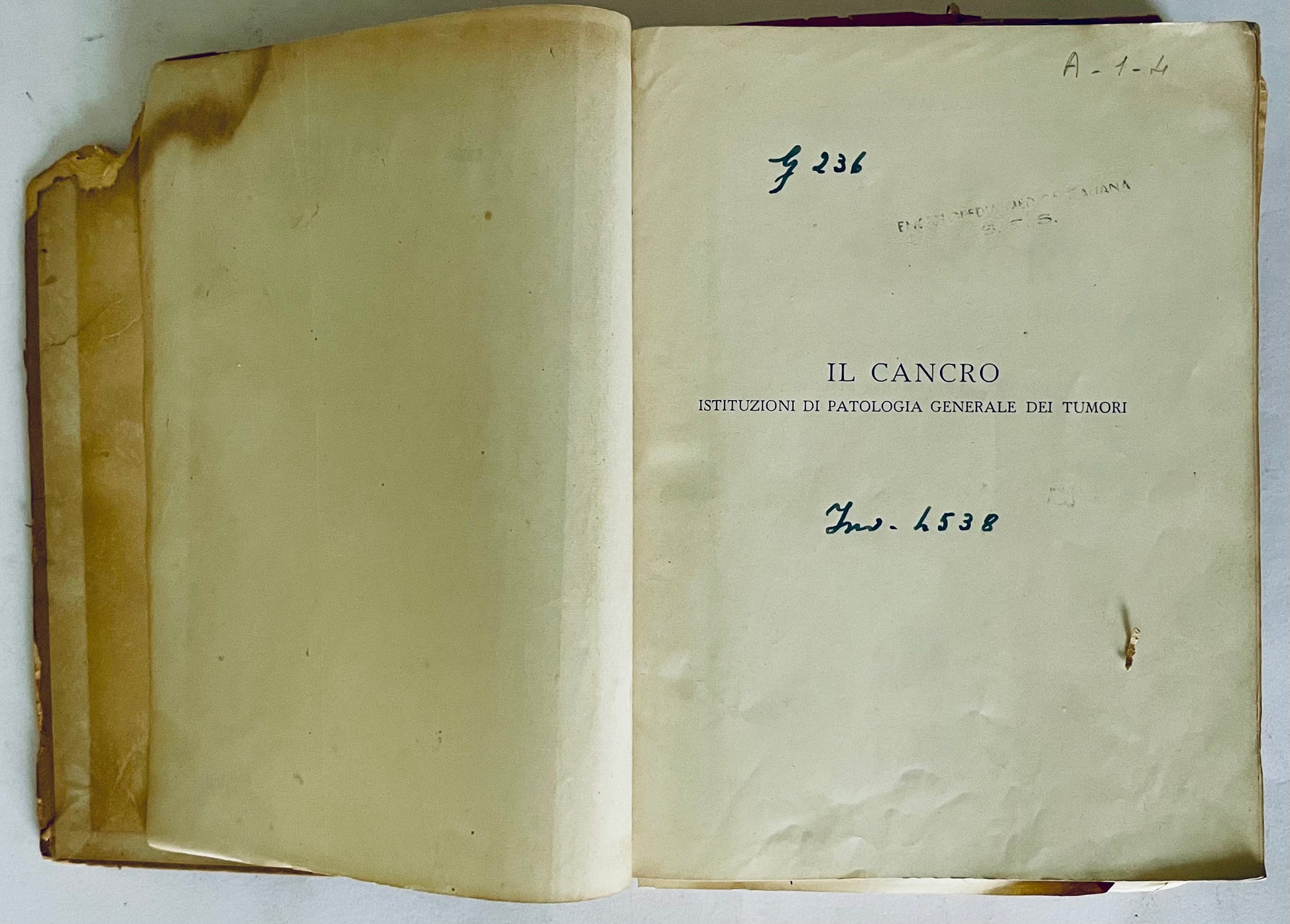 Libro medico vintage Il Cancro del Dott. Pietro Rondoni sulla patologia dei tumori, edizione 1946
