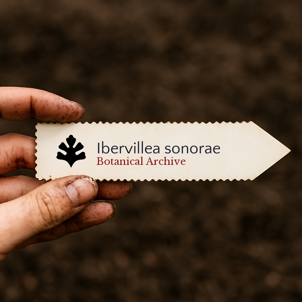 Printed plant label for Ibervillea sonorae held by dirty hand over soil background