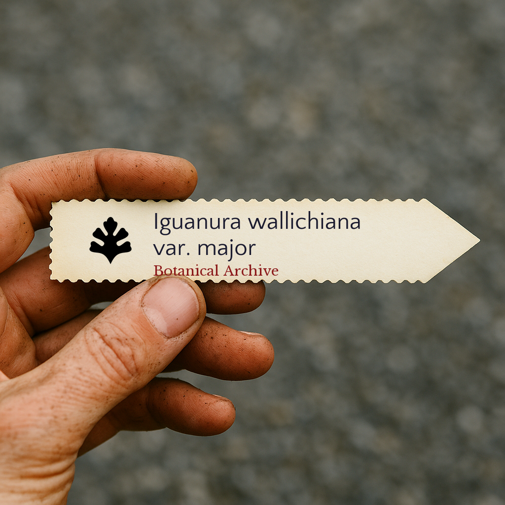 Printed plant label for Iguanura wallichiana var. major held by dirty hand