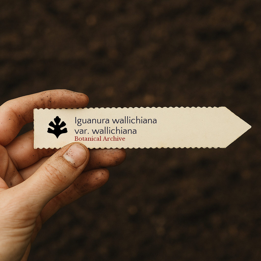 Printed plant label for Iguanura wallichiana var. wallichiana held over soil background