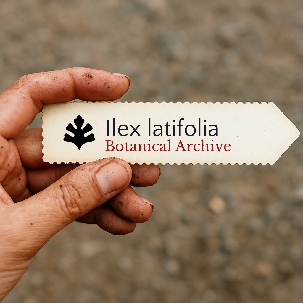 Etichetta per pianta stampata per Ilex latifolia tenuta da mano sporca all'aperto