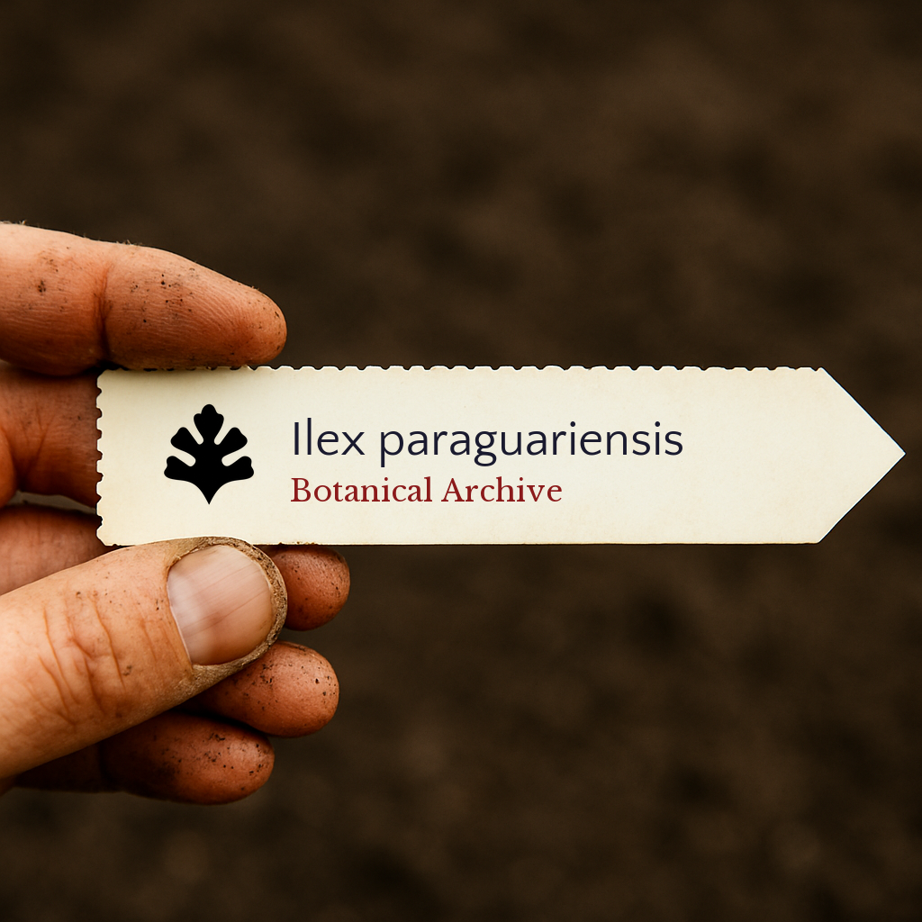 Etichetta stampata per pianta di Ilex paraguariensis tenuta da una mano sporca sullo sfondo di terreno