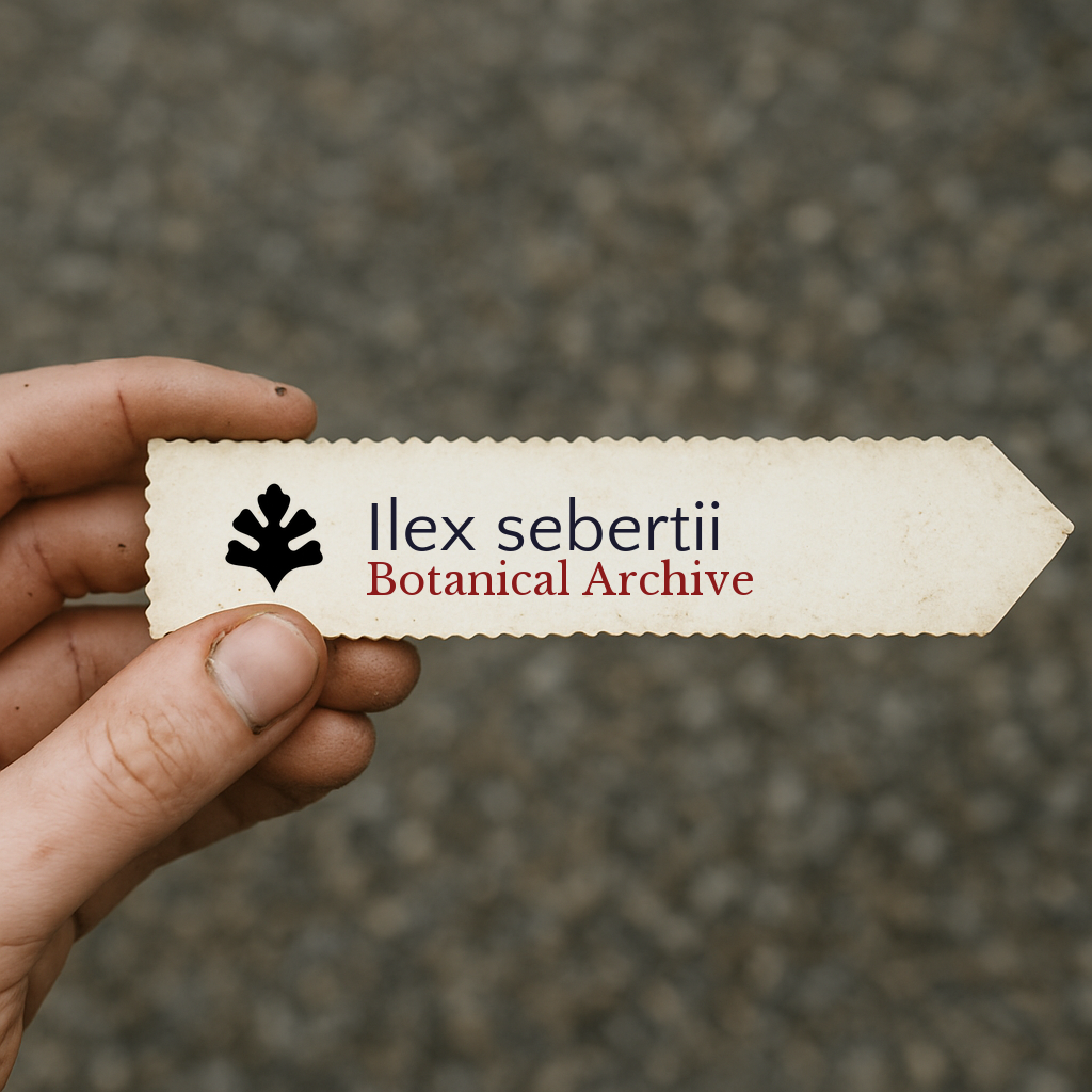 Etichetta per pianta stampata per Ilex sebertii con logo Botanical Archive tenuta a mano