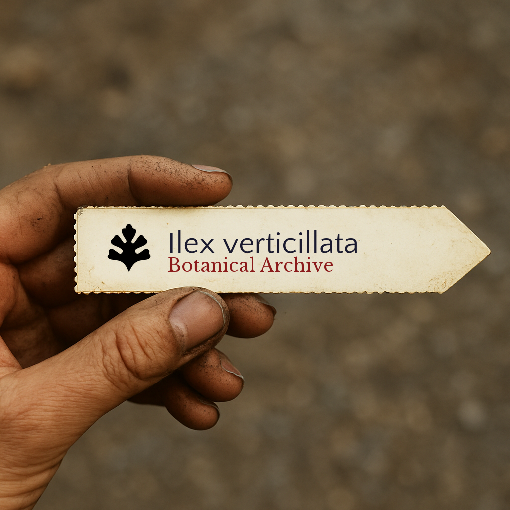 Printed plant label for Ilex verticillata held by a hand with soil-stained fingers