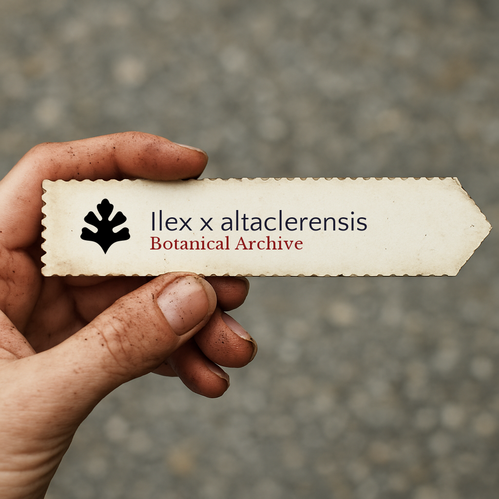 Printed plant label for Ilex x altaclerensis held by dirty hand on blurred background