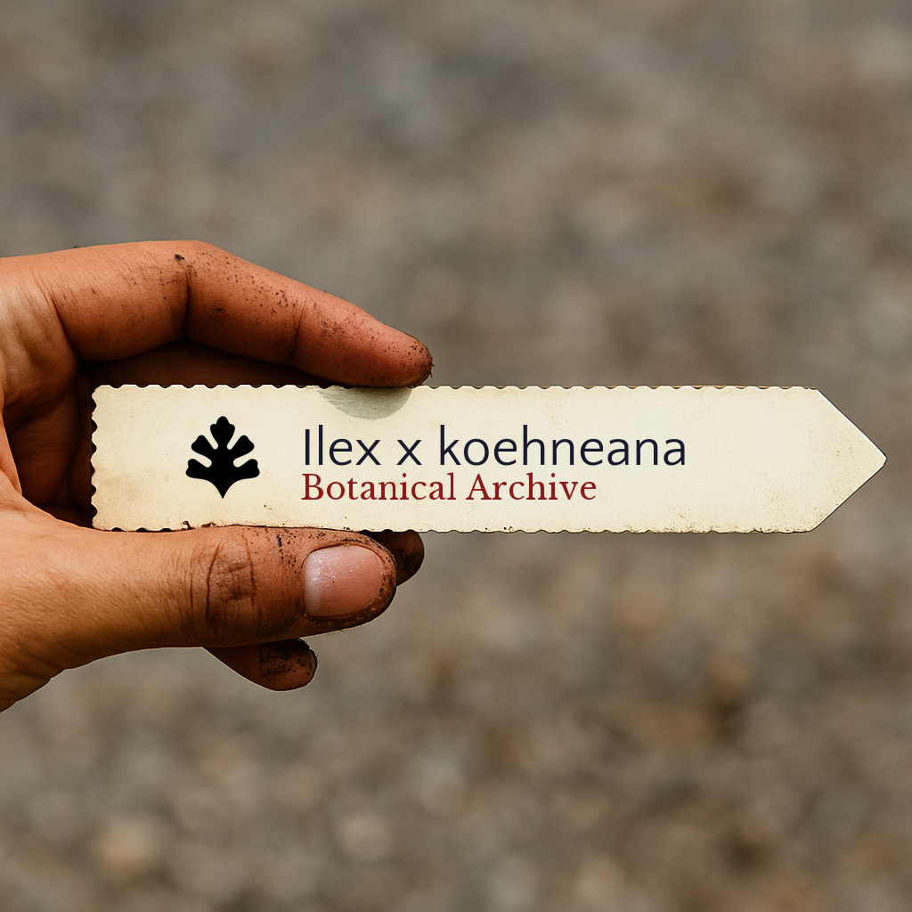 Etichetta per pianta stampata per Ilex x koehneana tenuta da mano sporca all'aperto