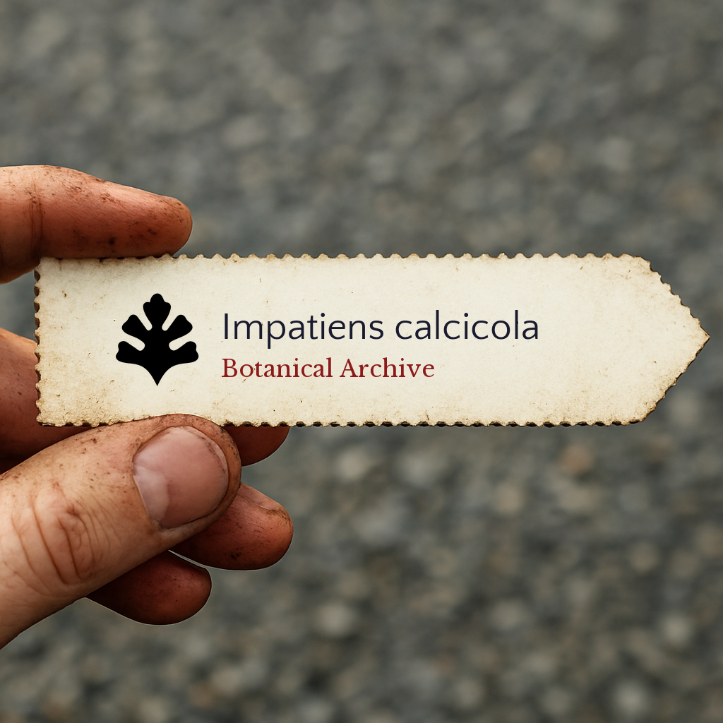 Etichetta stampata per pianta di Impatiens calcicola con il logo di Botanical Archive tenuta in mano