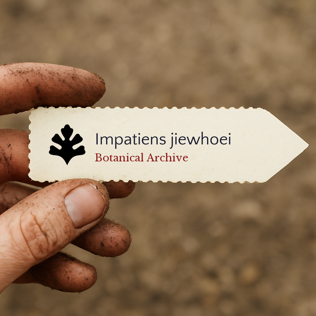 Printed plant label for Impatiens jiewhoei held by dirty hand against soil background