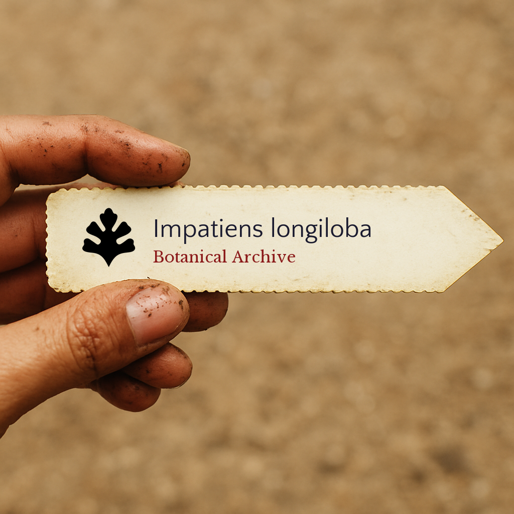 Printed plant label for Impatiens longiloba held by dirty hand on soil background