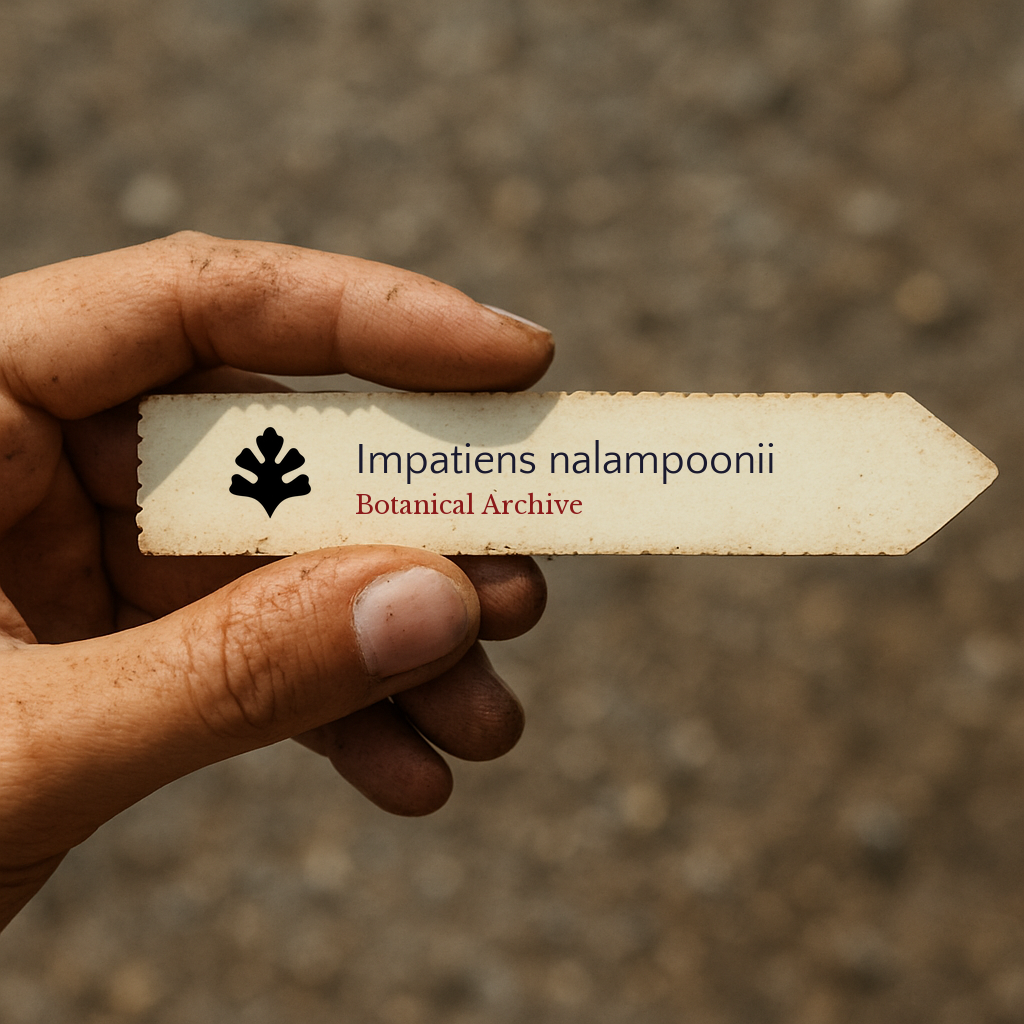 Etichetta della pianta stampata per Impatiens nalampoonii tenuta a mano con sfondo di terra