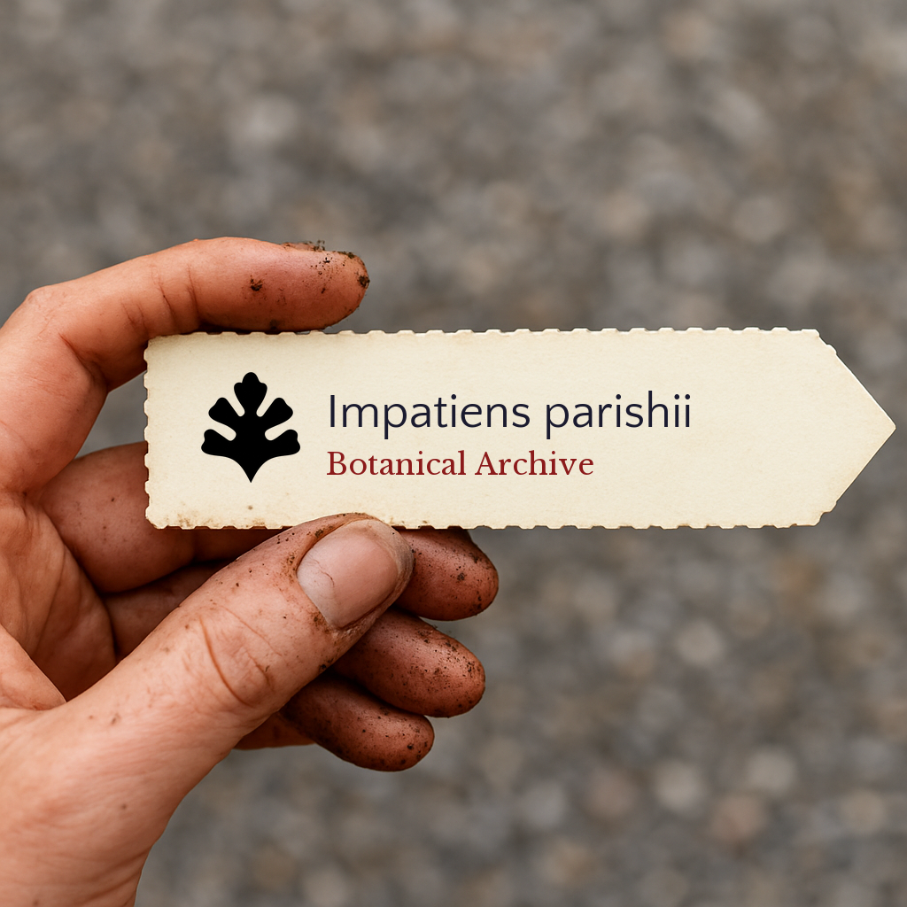 Handheld printed plant label for Impatiens parishii with botanical archive logo