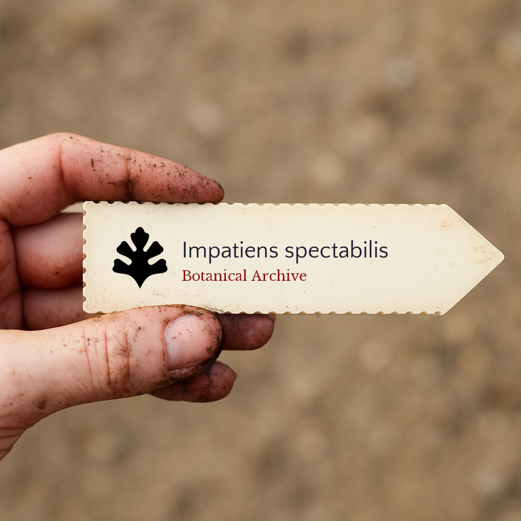 Printed plant label for Impatiens spectabilis held by dirty hand with blurred soil background