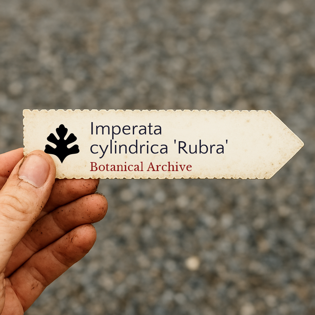 Printed plant label for Imperata cylindrica 'Rubra' held in hand with soil background