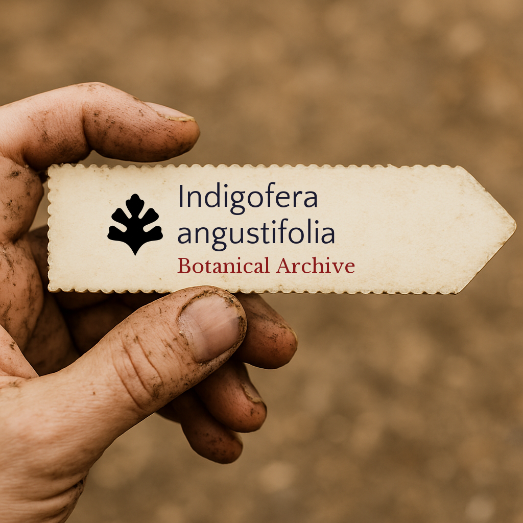 Etichetta per pianta stampata di Indigofera angustifolia tenuta da mano sporca all'aperto