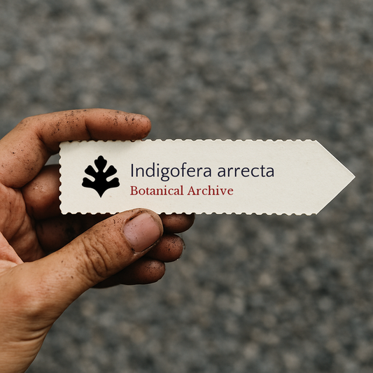Etichetta per pianta stampata di Indigofera arrecta tenuta a mano con terra sulle dita