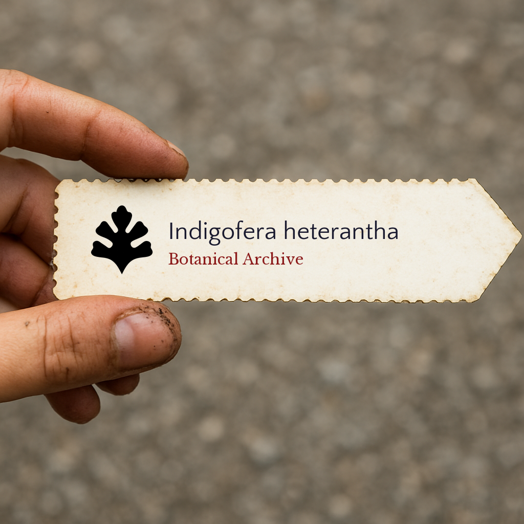 Printed plant label for Indigofera heterantha held by hand with dirt on fingers
