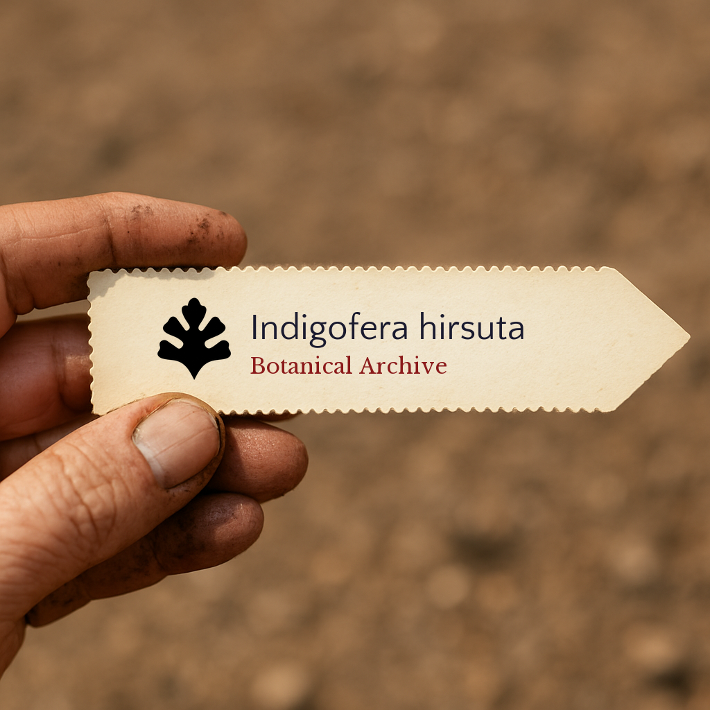 Printed plant label for Indigofera hirsuta held by a gardener's hand with soil background