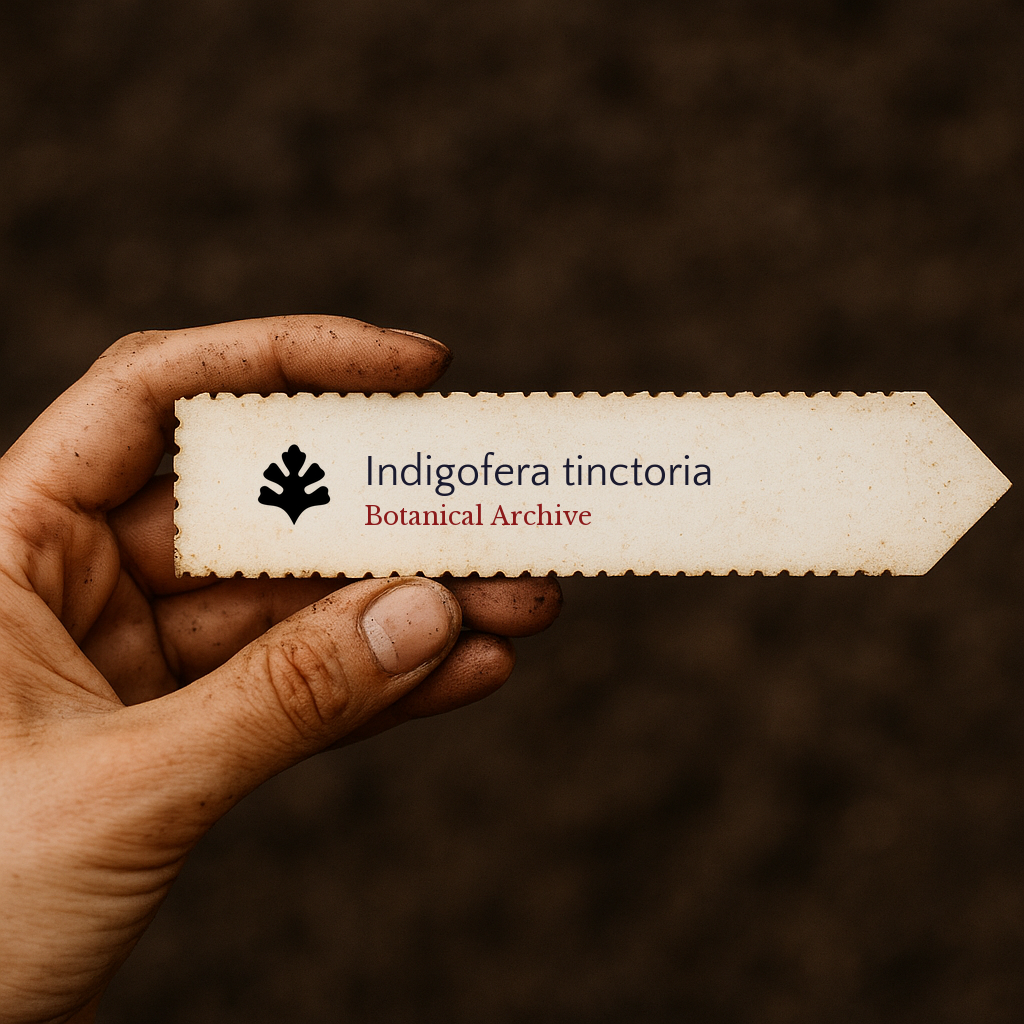 Printed plant label for Indigofera tinctoria held by a dirty hand against soil background