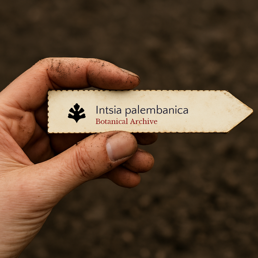 Printed plant label for Intsia palembanica held by hand with soil background
