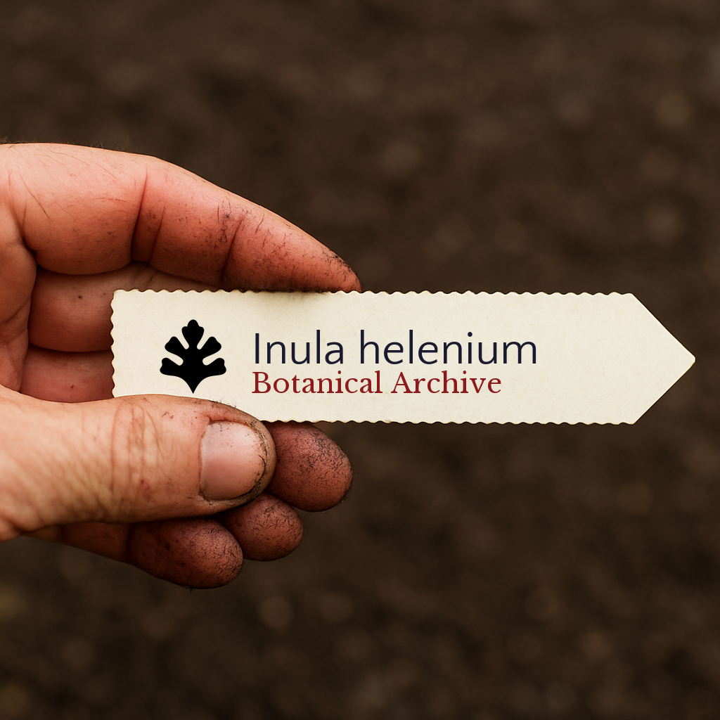 Printed plant label for Inula helenium held by dirty hand over soil background