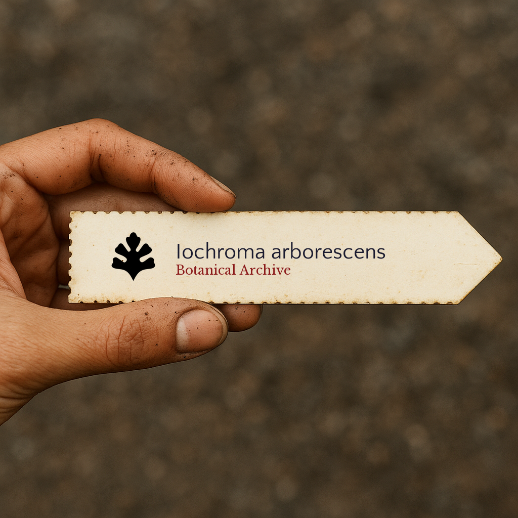 Etichetta botanica stampata di Botanical Archive per Iochroma arborescens tenuta in mano