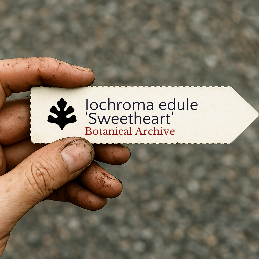 Printed plant label for Iochroma edule 'Sweetheart' held by dirty hand outdoors