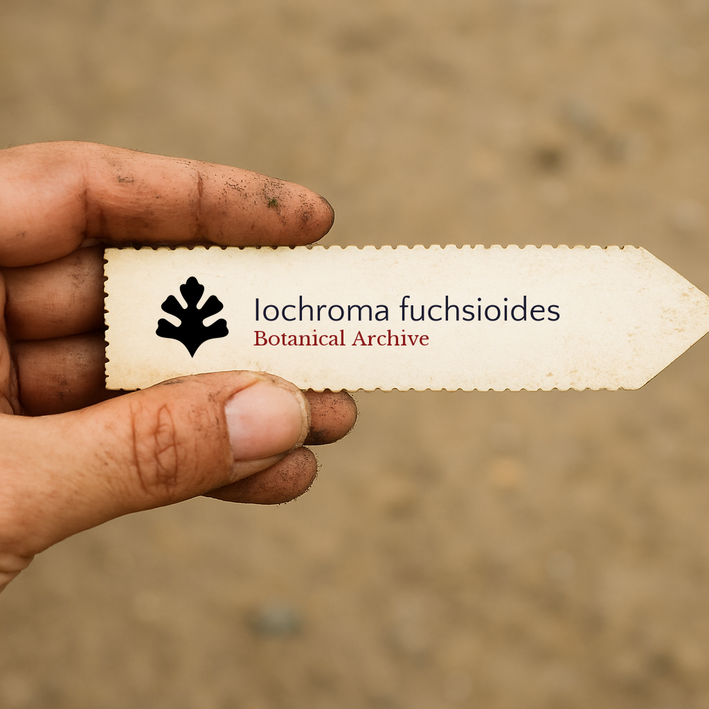 Etichetta per piante stampata per Iochroma fuchsioides tenuta da mano sporca contro sfondo di terreno