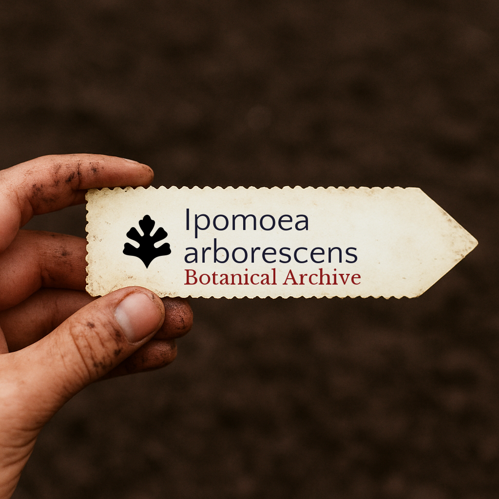 Etichetta per pianta stampata per Ipomoea arborescens tenuta in mano con sfondo di terra