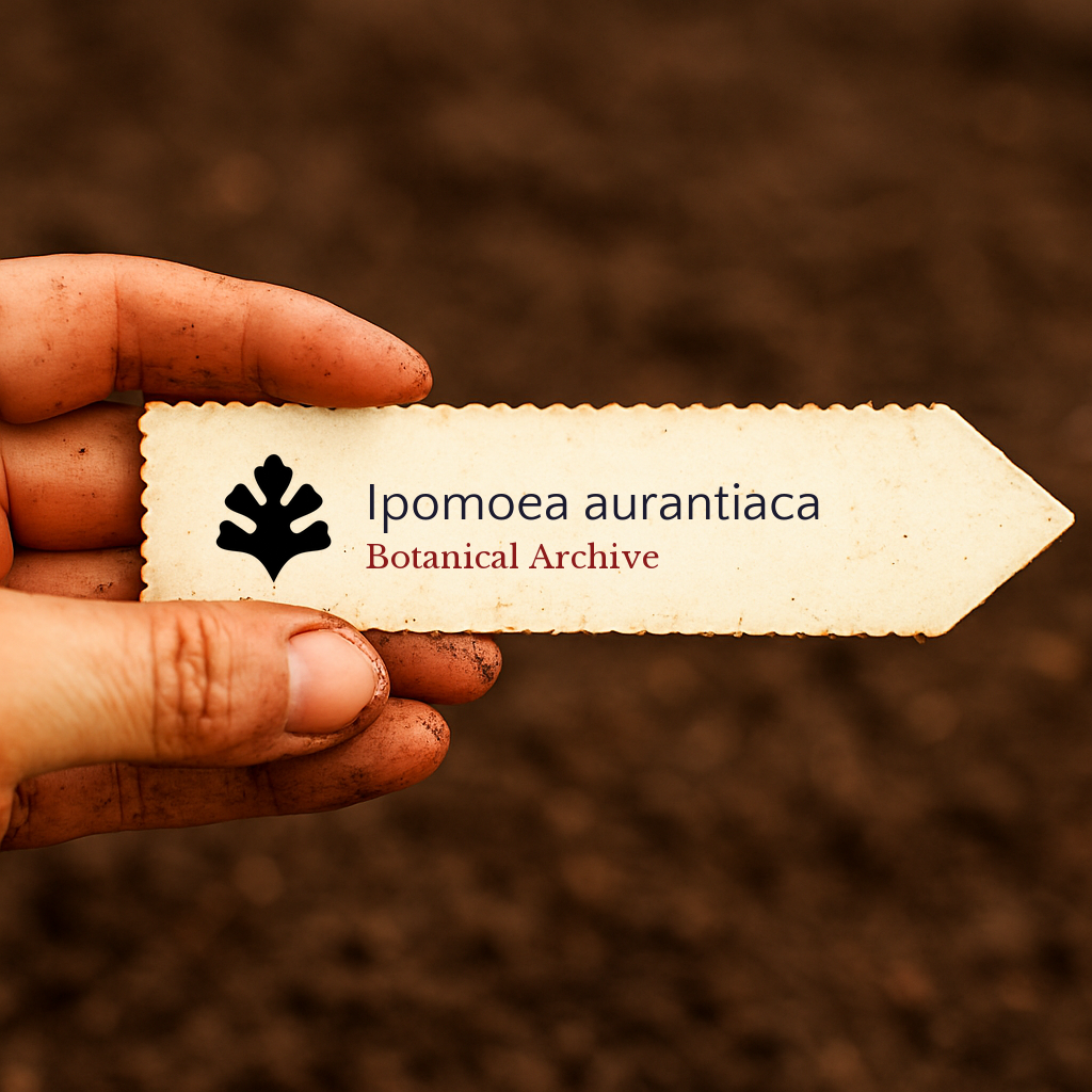 Printed plant label for Ipomoea aurantiaca held over soil background