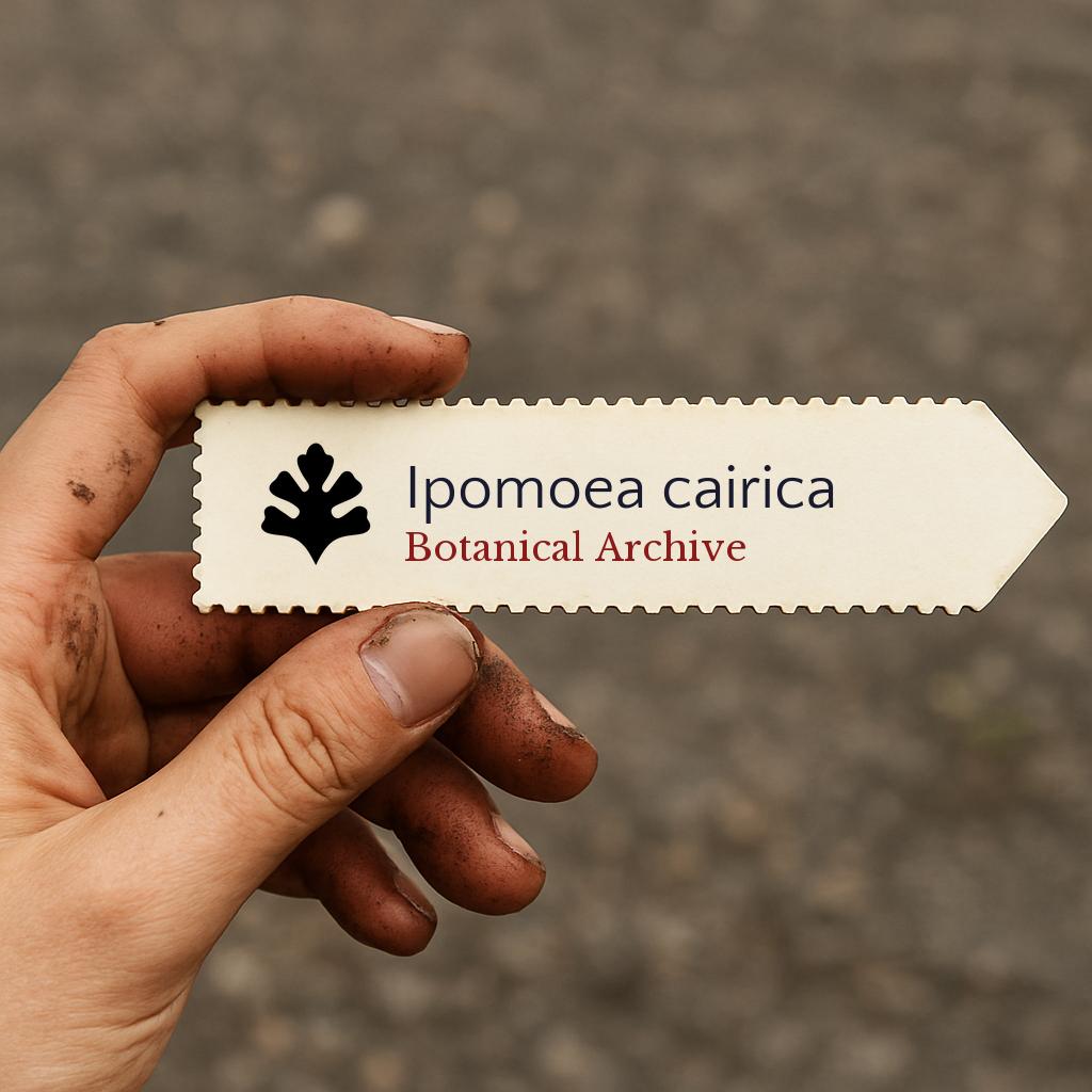 Printed plant label for Ipomoea cairica held by dirty hand outdoors