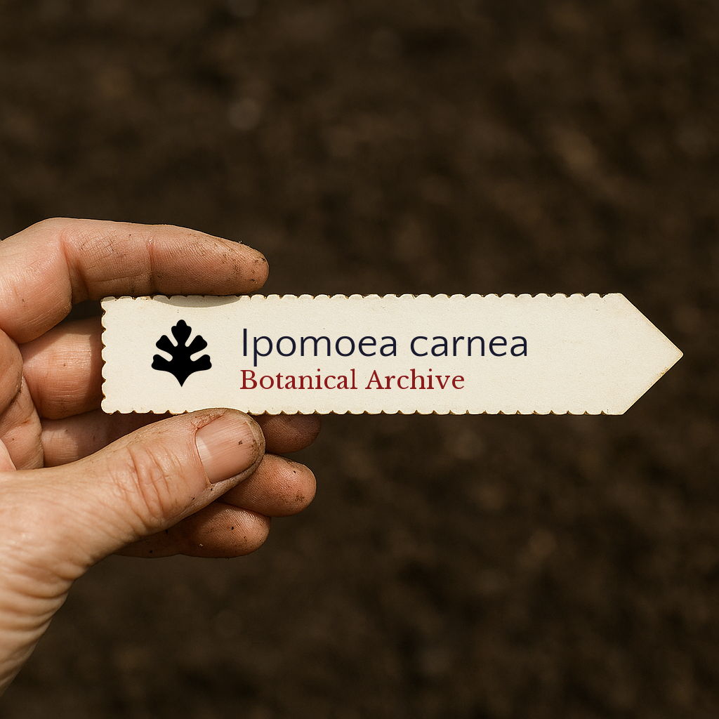 Handheld printed plant label for Ipomoea carnea with botanical archive logo