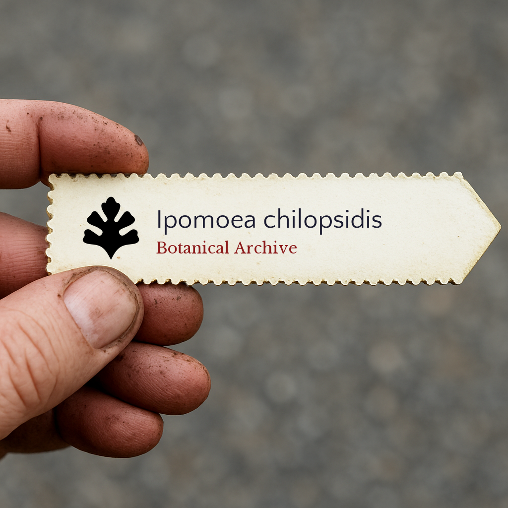 Printed plant label for Ipomoea chilopsidis held by dirty hand outdoors
