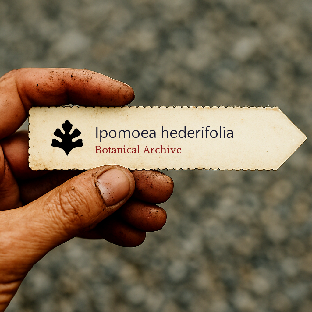 Etichetta vegetale stampata per Ipomoea hederifolia tenuta da una mano sporca all'aperto