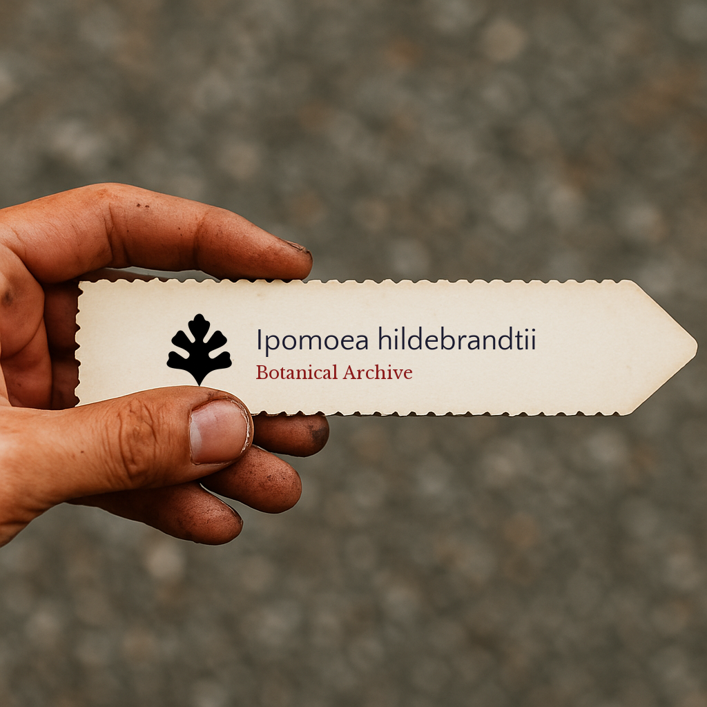 Printed plant label for Ipomoea hildebrandtii with botanical archive logo held by hand
