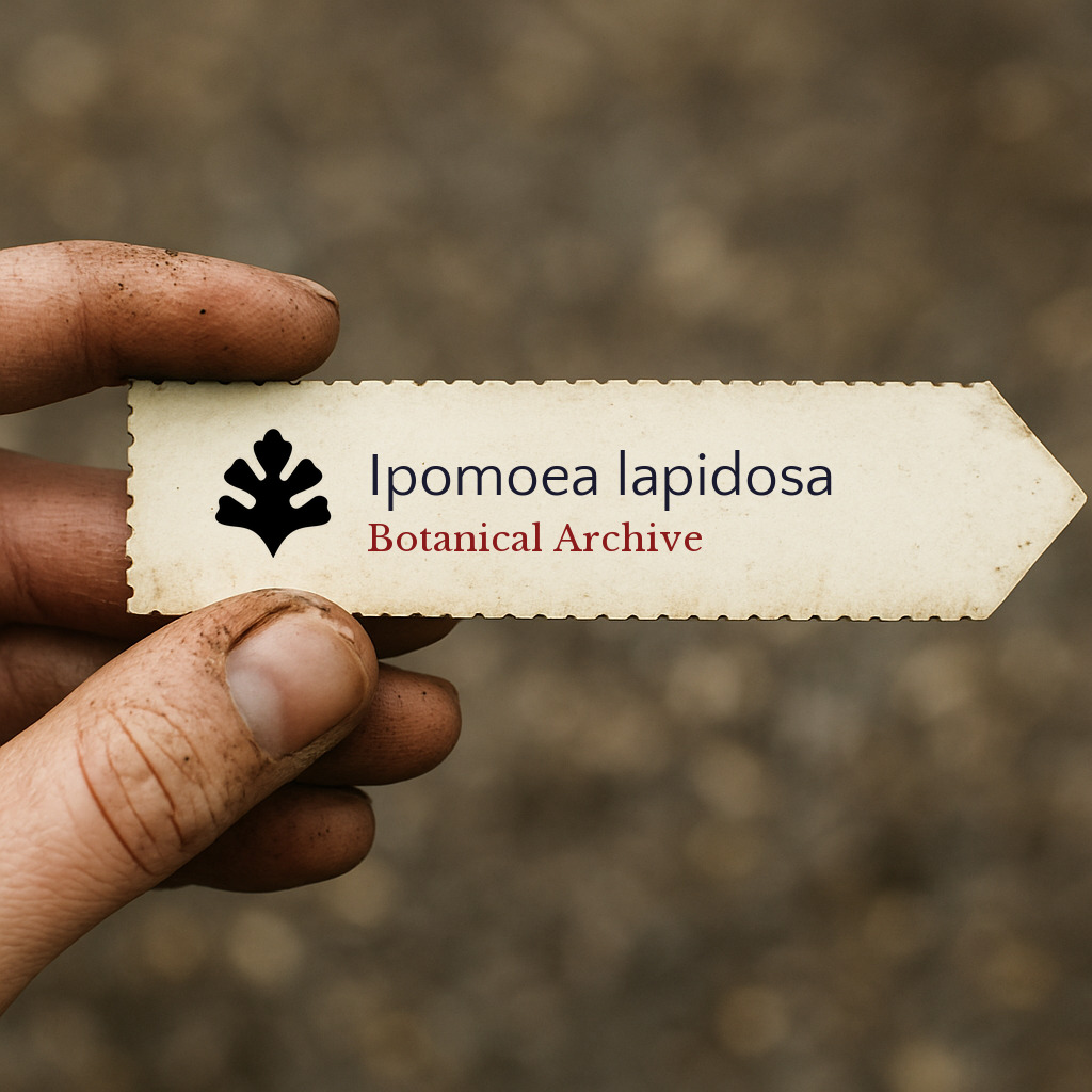 Etichetta stampata per pianta di Ipomoea lapidosa con logo di Botanical Archive tenuta a mano