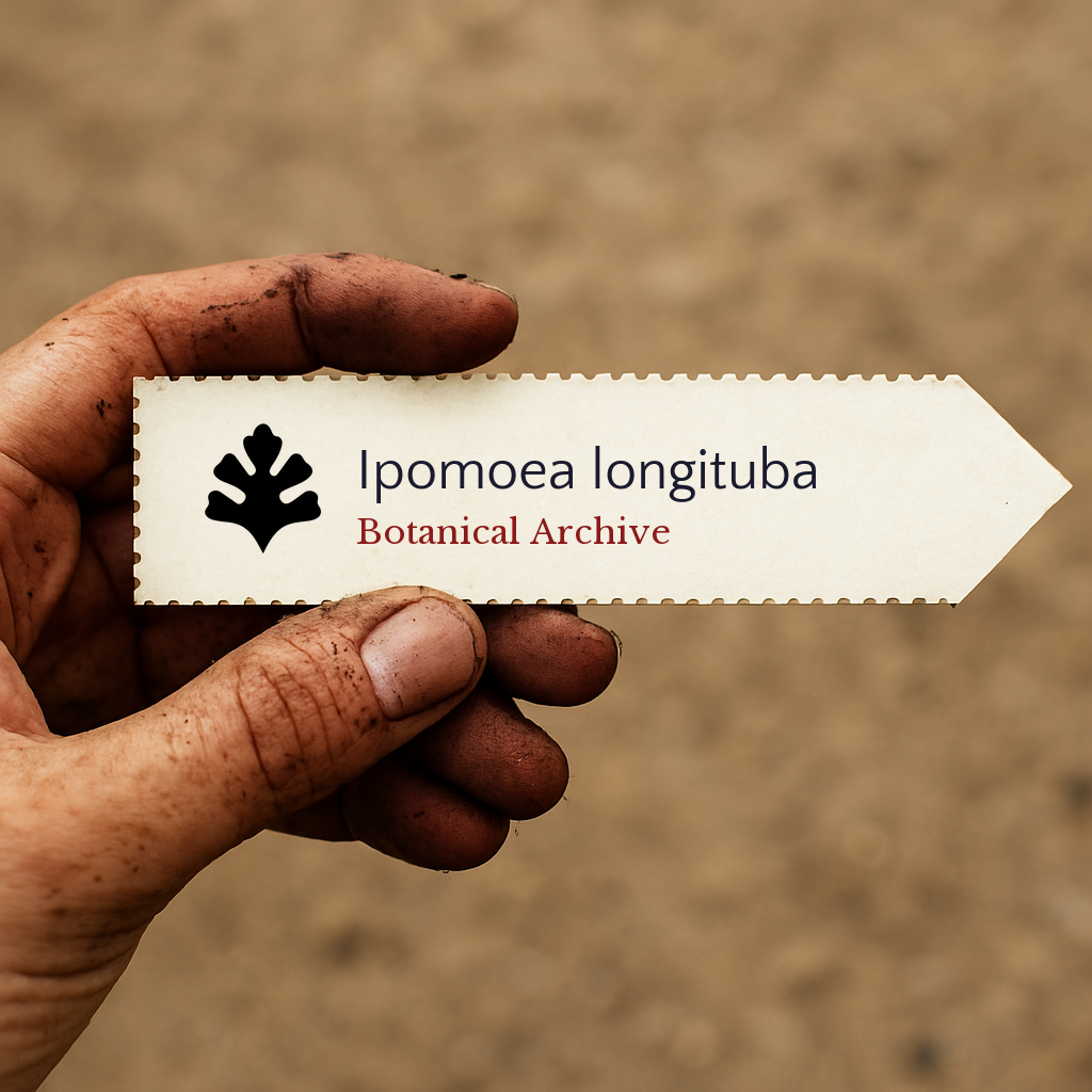 Printed plant label for Ipomoea longituba held by dirty hand against blurred background