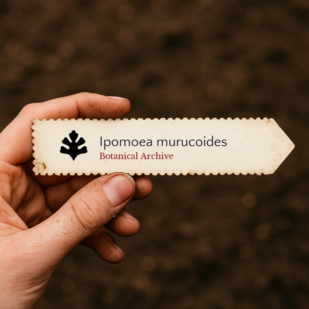 Printed plant label for Ipomoea murucoides held by hand with soil background