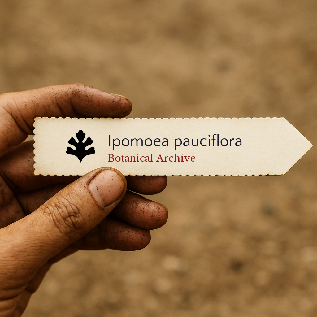 Printed plant label for Ipomoea pauciflora held by dirty hand against soil background