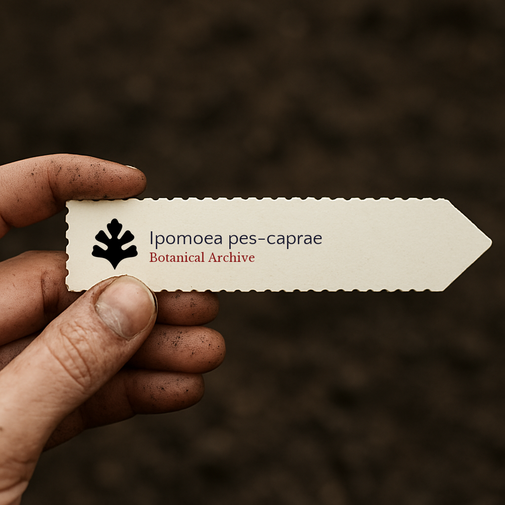 Etichetta stampata per pianta di Ipomoea pes-caprae tenuta a mano con sfondo di terreno