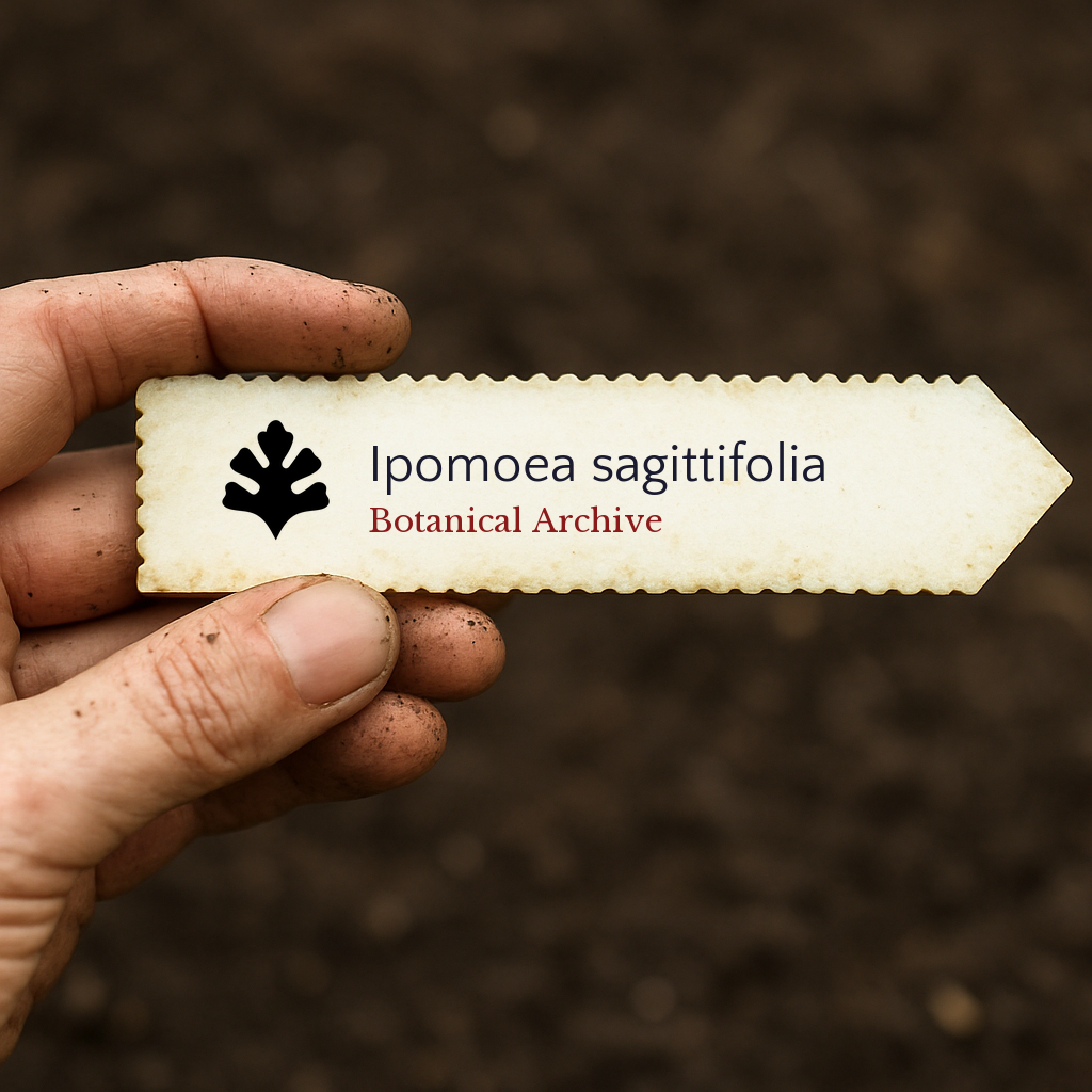 Printed plant label for Ipomoea sagittifolia held by hand over soil background