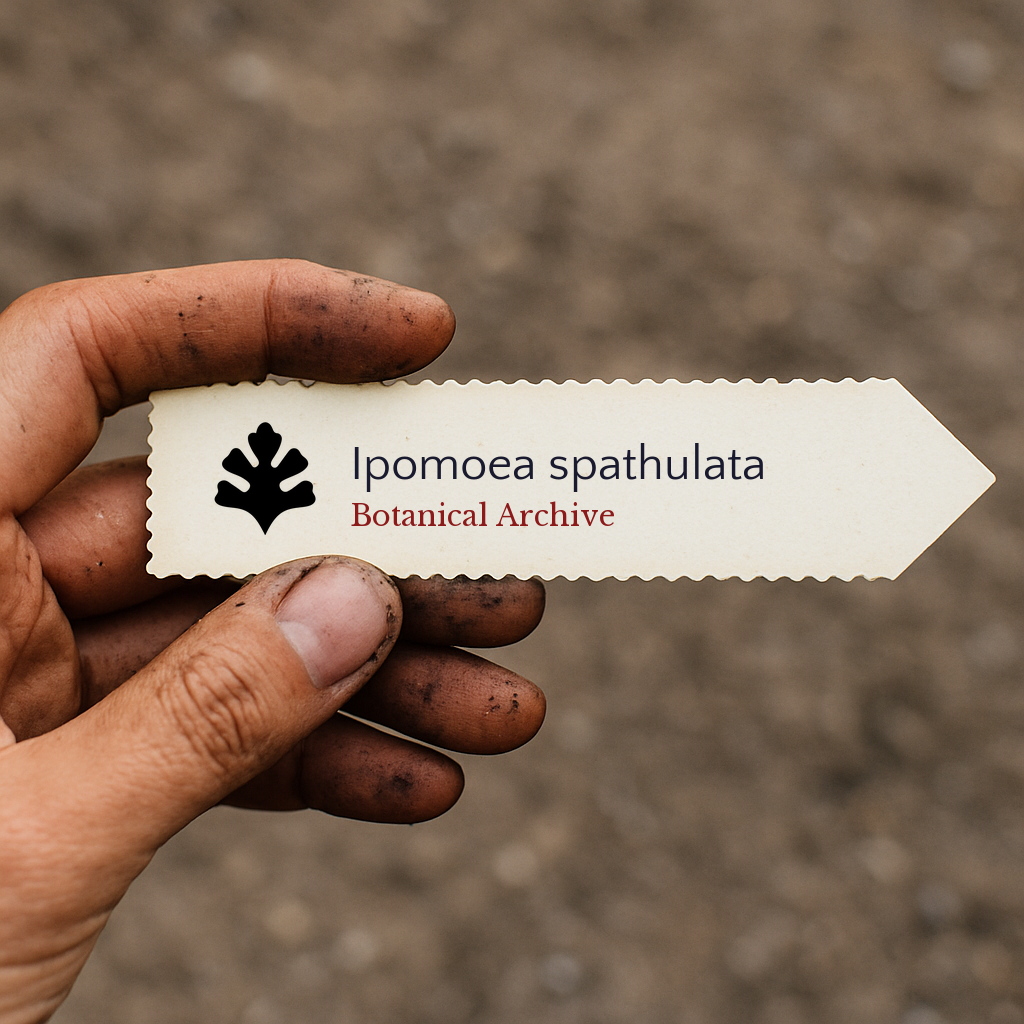 Printed plant label for Ipomoea spathulata held by a dirty hand outdoors