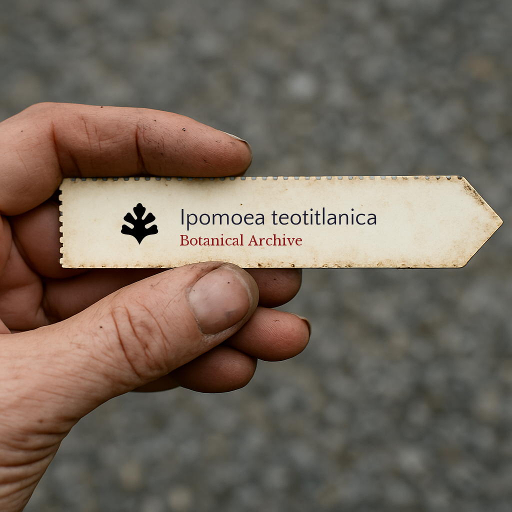 Printed botanical archive label for Ipomoea teotitlanica held by hand