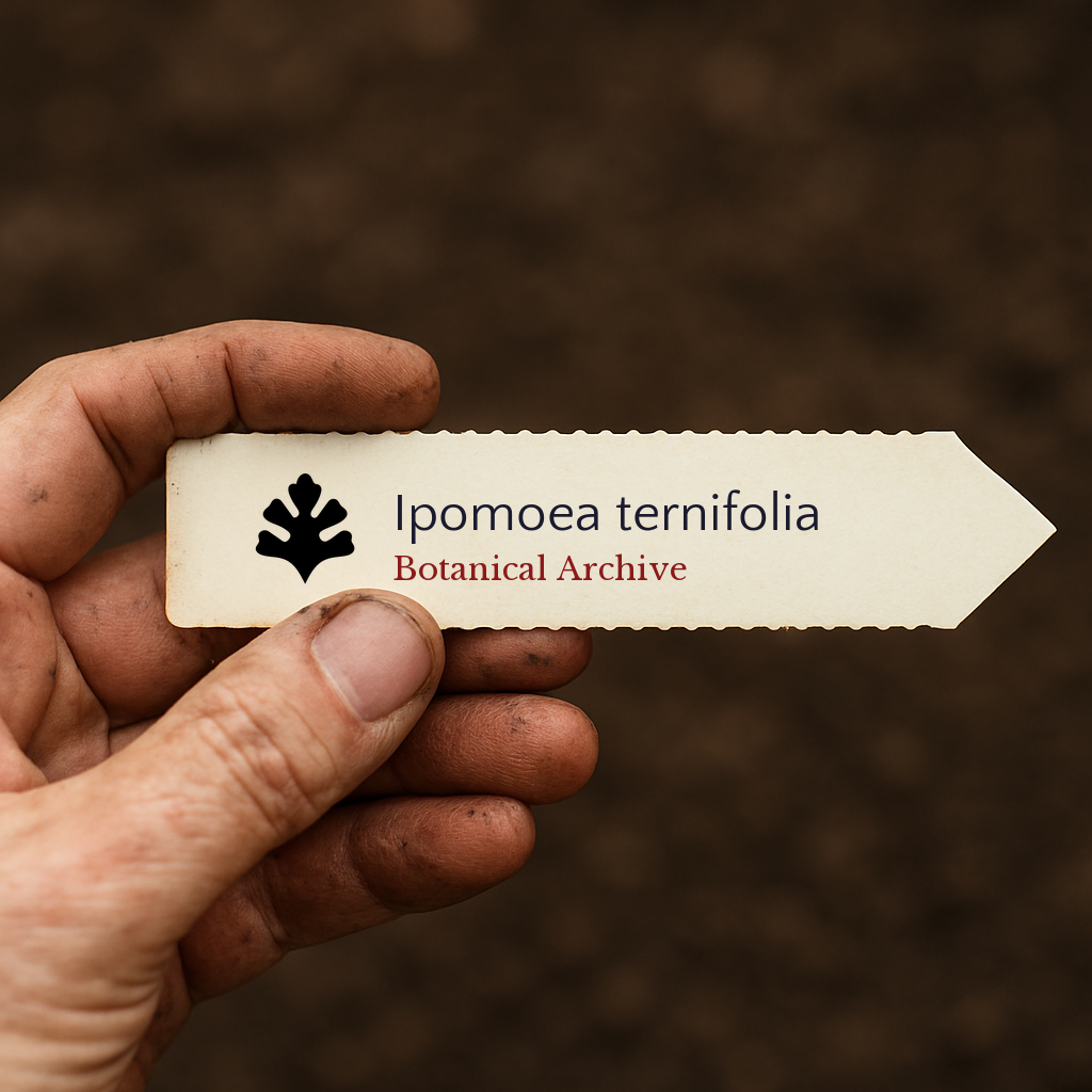 Printed plant label for Ipomoea ternifolia held by hand with soil background