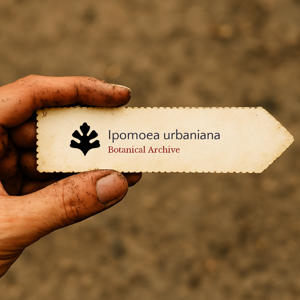 Etichetta stampata per pianta di Ipomoea urbaniana tenuta da una mano sporca all'aperto