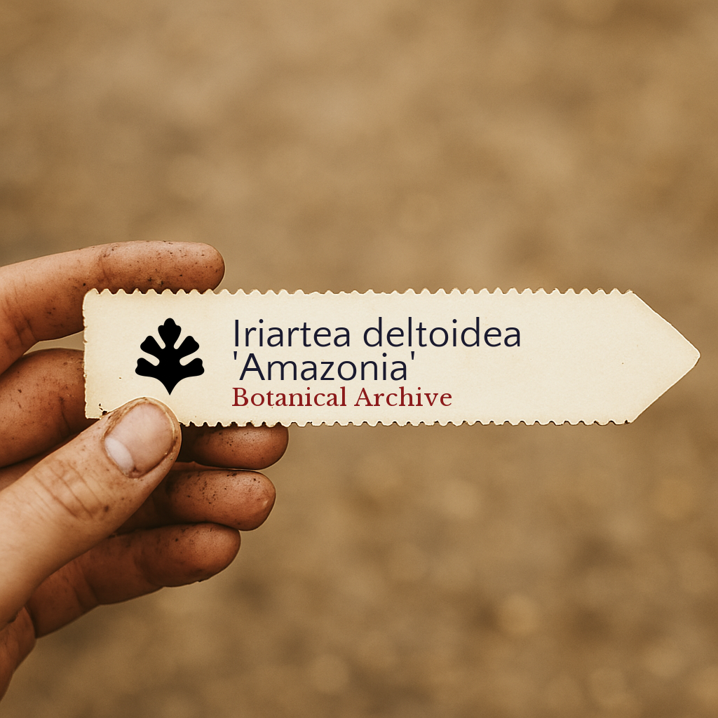 Printed plant label for Iriartea deltoidea 'Amazonia' held by hand with dirt background