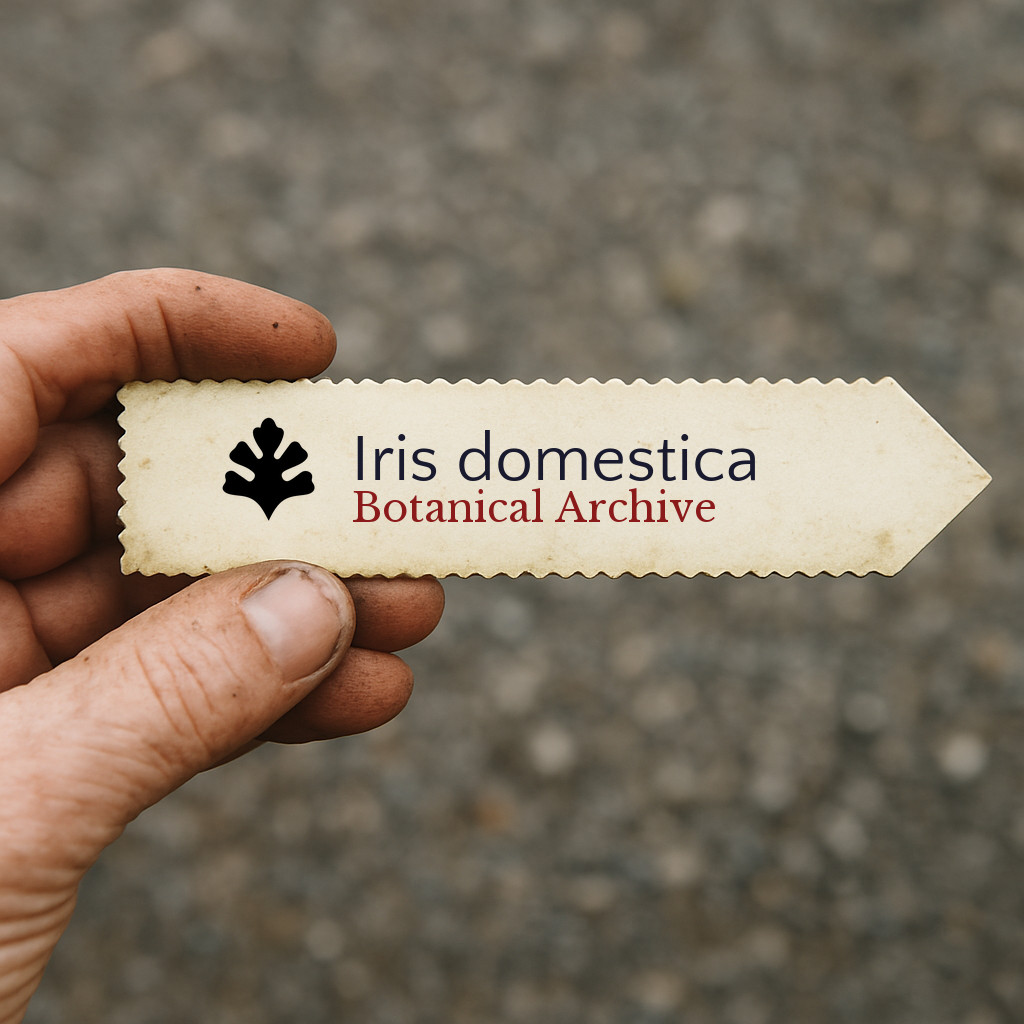 Etichetta per pianta stampata per Iris domestica tenuta a mano con il logo Botanical Archive