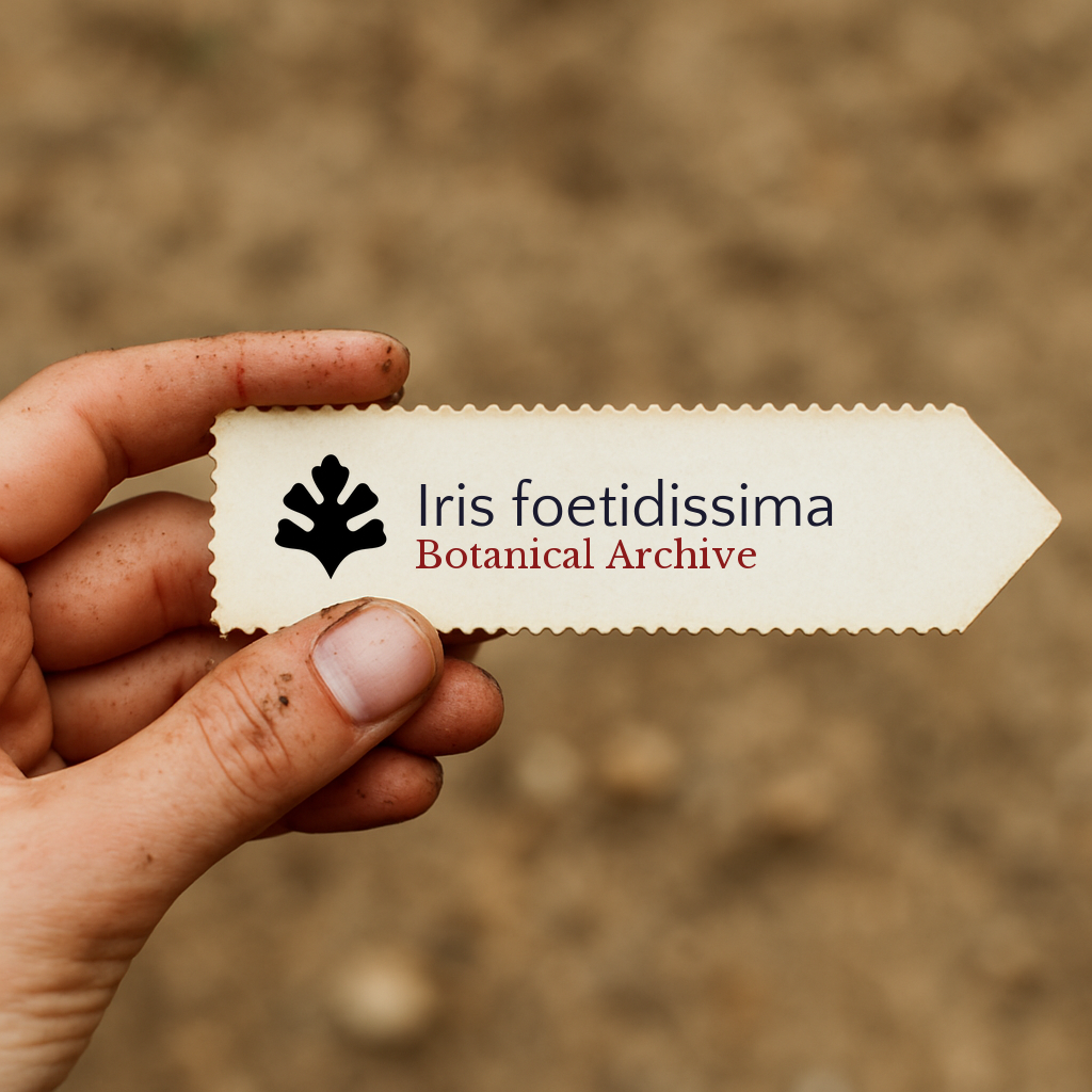 Printed plant label for Iris foetidissima held by a hand with soil background
