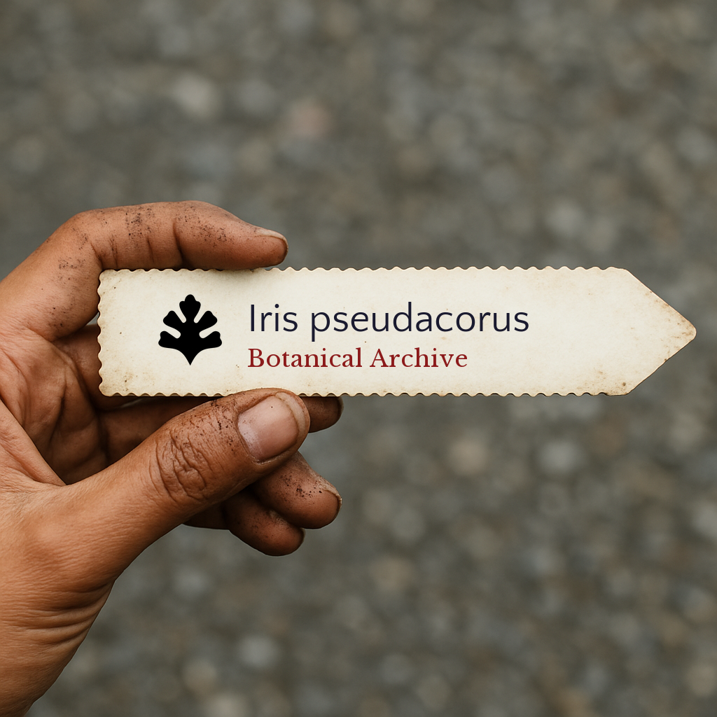 Printed plant label for Iris pseudacorus held by hand with dirt background